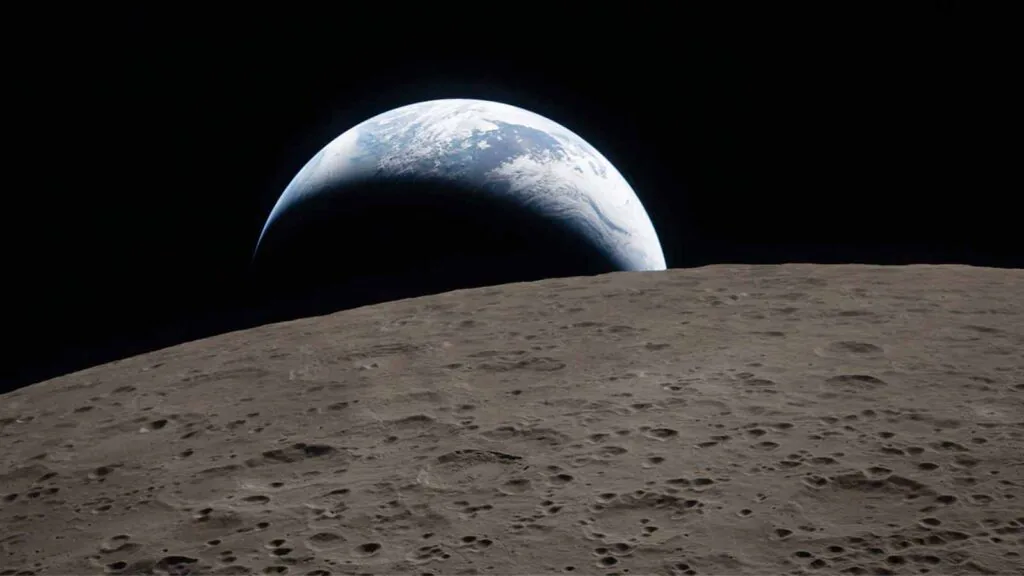 Foto da Lua em primeiro plano e a Terra em segundo plano