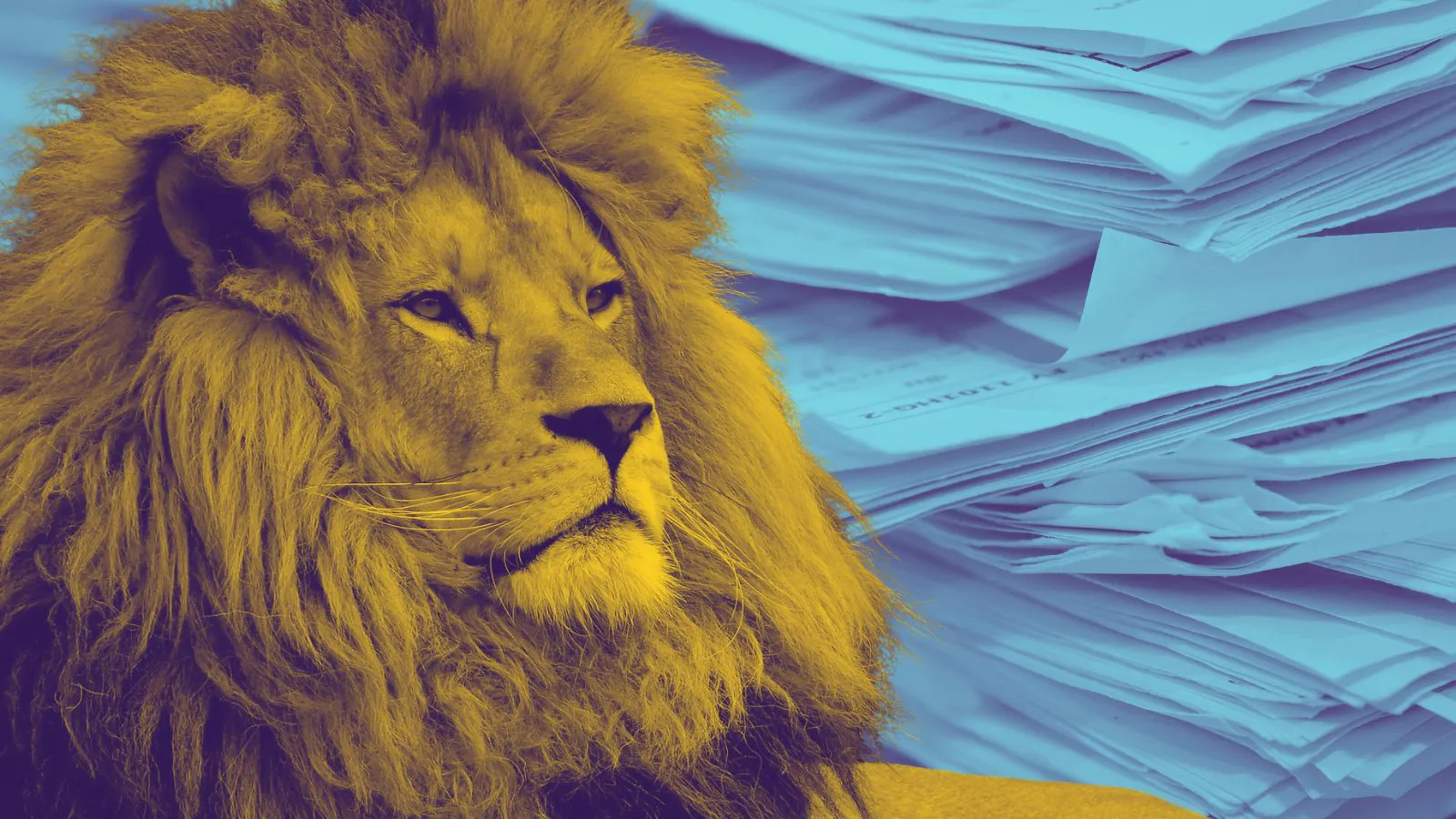 Leão em destaque ao lado de uma pilha de documentos, com cores estilizadas em amarelo e azul, simbolizando o Imposto de Renda e a organização de papéis para declaração.