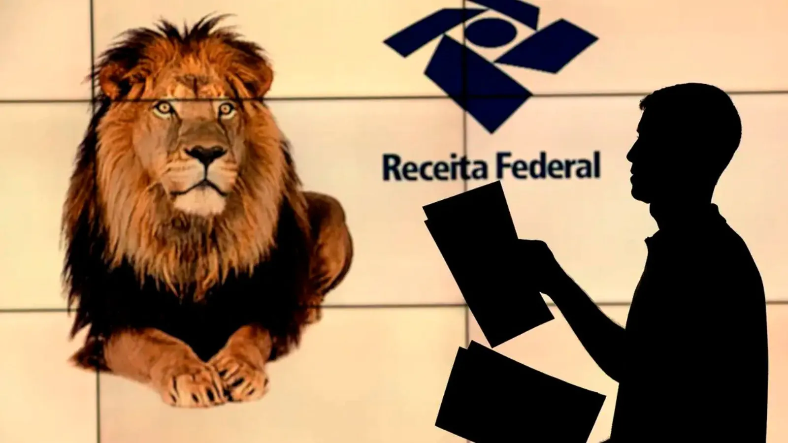 Silhueta de uma pessoa segurando documentos em frente ao painel da Receita Federal, ao lado da imagem de um leão, símbolo tradicional do Imposto de Renda no Brasil.