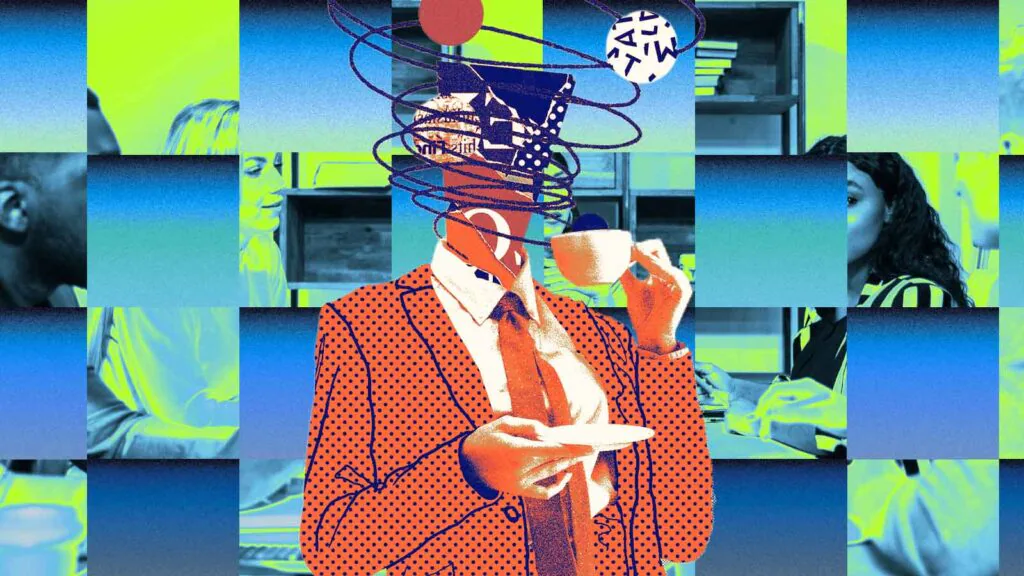 Pessoa de terno segura uma x&iacute;cara e um pires, enquanto a cabe&ccedil;a &eacute; substitu&iacute;da por formas abstratas e linhas em espiral, criando uma colagem colorida em tons de azul, verde e laranja. A composi&ccedil;&atilde;o sugere confus&atilde;o mental, excesso de pensamentos ou sobrecarga cognitiva.