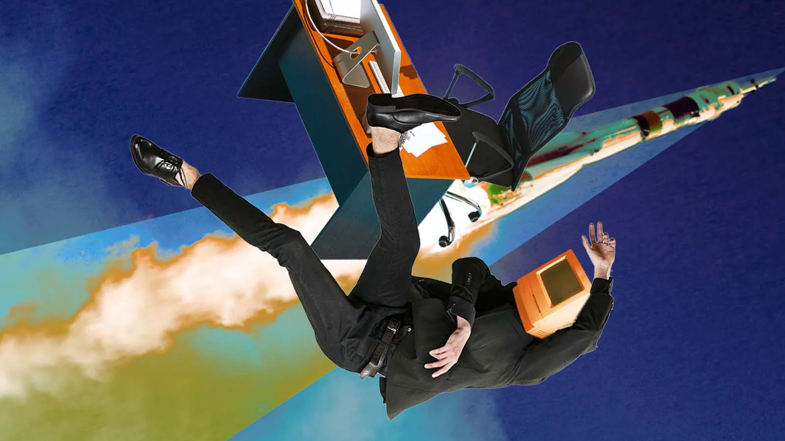 Pessoa de terno aparece caindo de forma desordenada junto com móveis e objetos de escritório, como cadeira, mesa e computador, em um fundo surreal com céu e nuvens. A composição sugere perda de controle, colapso profissional ou instabilidade no trabalho.