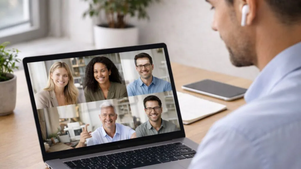homem em reunião online com colegas de trabalho