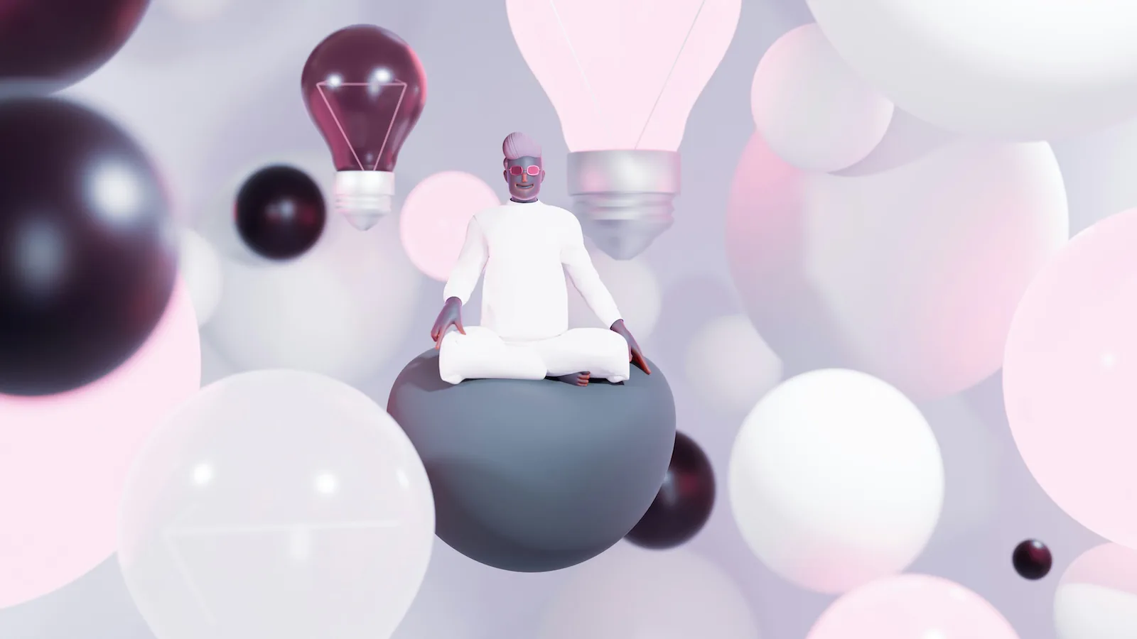 Ilustração de uma pessoa meditando em meio a lâmpadas