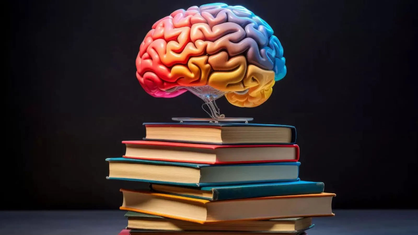 Cérebro colorido em cima de livros