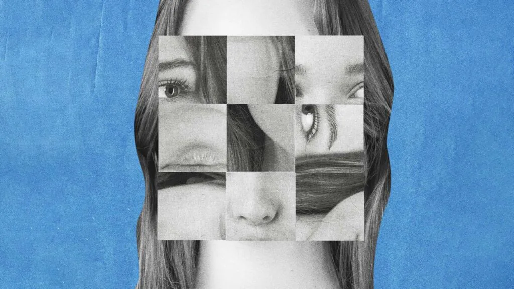 Retrato de uma mulher com o rosto fragmentado em diferentes recortes, representando transforma&ccedil;&atilde;o pessoal, identidade e mudan&ccedil;a.