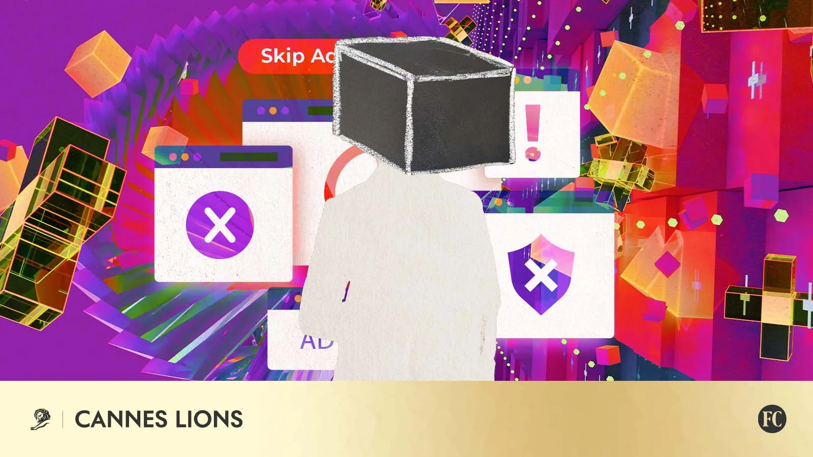 Ilustração representa o excesso de publicidade no ambiente digital, com anúncios, bloqueio de ads e uma pessoa observando o cenário. A imagem acompanha artigo sobre autenticidade de marca no Cannes Lions 2026.