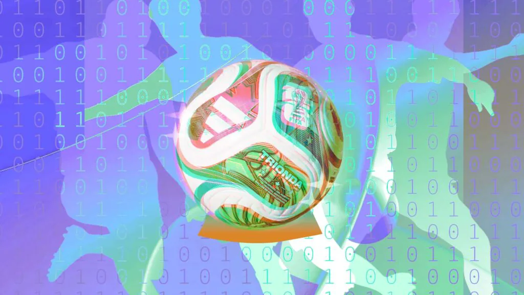 Bola de futebol cercada por números binários e silhuetas de jogadores em ilustração sobre inteligência artificial usada para prever resultados da Copa do Mundo de 2026
