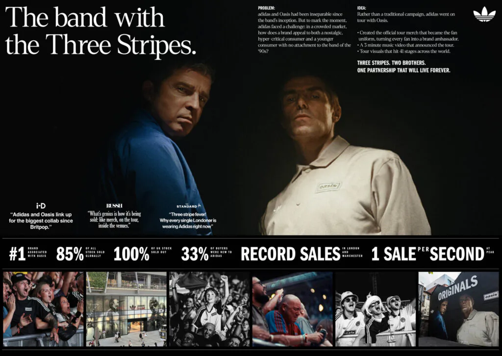 Cena da campanha Original, Forever, da Adidas com a banda Oasis, vencedora dos Grand Prix de Entertainment e Entertainment Lions for Music no Cannes Lions 2026.