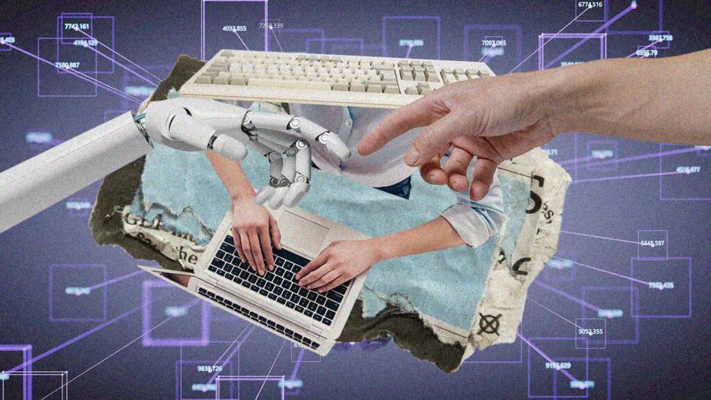 Ilustra&ccedil;&atilde;o mostra uma pessoa e uma m&atilde;o rob&oacute;tica simbolizando o uso da intelig&ecirc;ncia artificial no trabalho e na rotina.