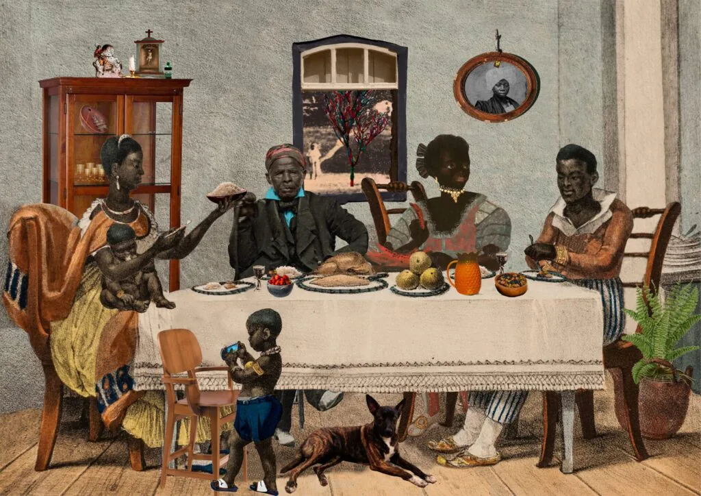Colagem digital de Gê Viana mostra uma família negra reunida à mesa para uma refeição