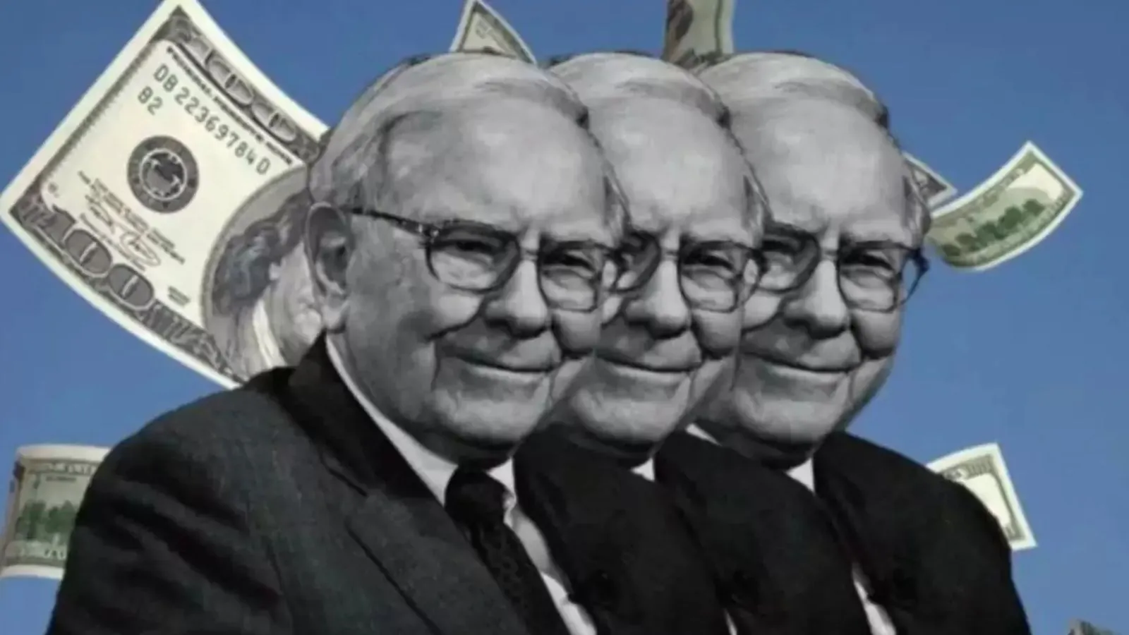 Warren Buffett em fundo azul e dólar em evidência