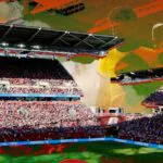 Montagem mostra um estádio da Copa do Mundo sob calor extremo, destacando os desafios climáticos enfrentados por jogadores e torcedores.