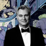 Christopher Nolan diante de uma ilustração de "A Odisseia", filme que estreia como o primeiro longa totalmente filmado com câmeras IMAX.