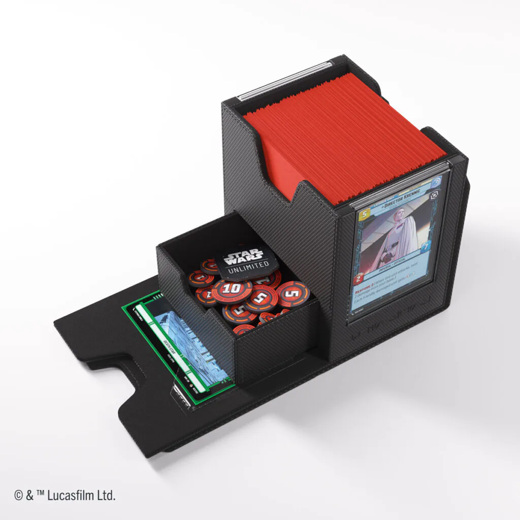 Twin Suns Deck Pod da Gamegenic aberto, com cartas de Star Wars: Unlimited e compartimento para tokens.