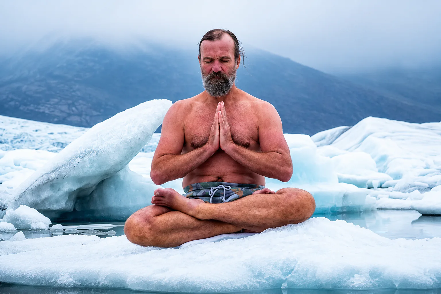 Wim Hof medita sentado sobre uma formação de gelo em uma paisagem congelada, durante uma prática de exposição controlada ao frio.