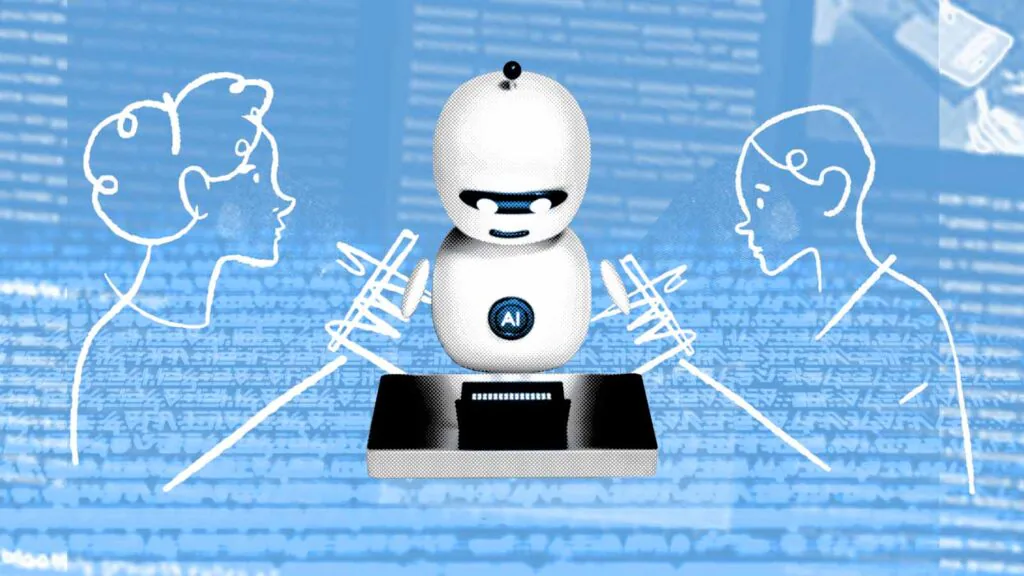 Ilustração mostra um robô de inteligência artificial entre dois consumidores com carrinhos de compras.