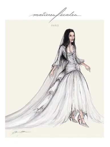 Croqui mostra vestido de noiva vitoriano e desgastado criado pela Mati&egrave;res F&eacute;cales para Gabbriette.