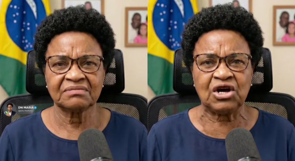 Duas imagens mostram Dona Maria, personagem criada por IA, falando diante de uma bandeira do Brasil.