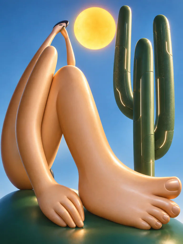 Releitura tridimensional de Abaporu mostra figura humana de p&eacute;s grandes diante de cactos e do sol
