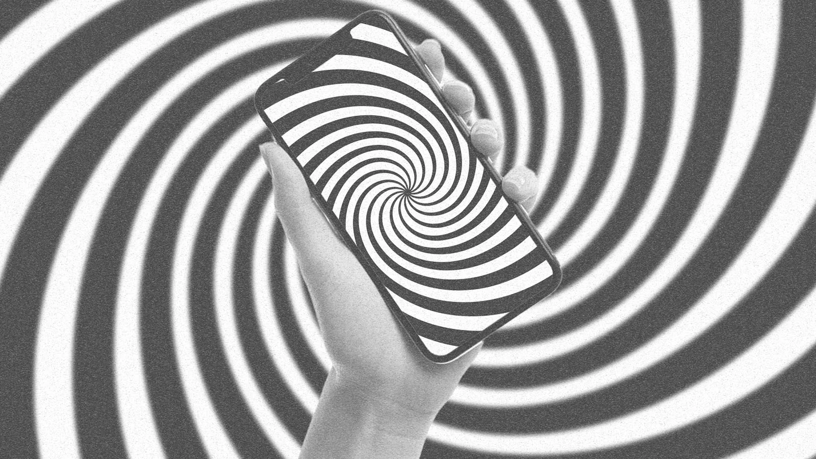 Mão segura um smartphone diante de uma espiral que representa o uso compulsivo do celular.