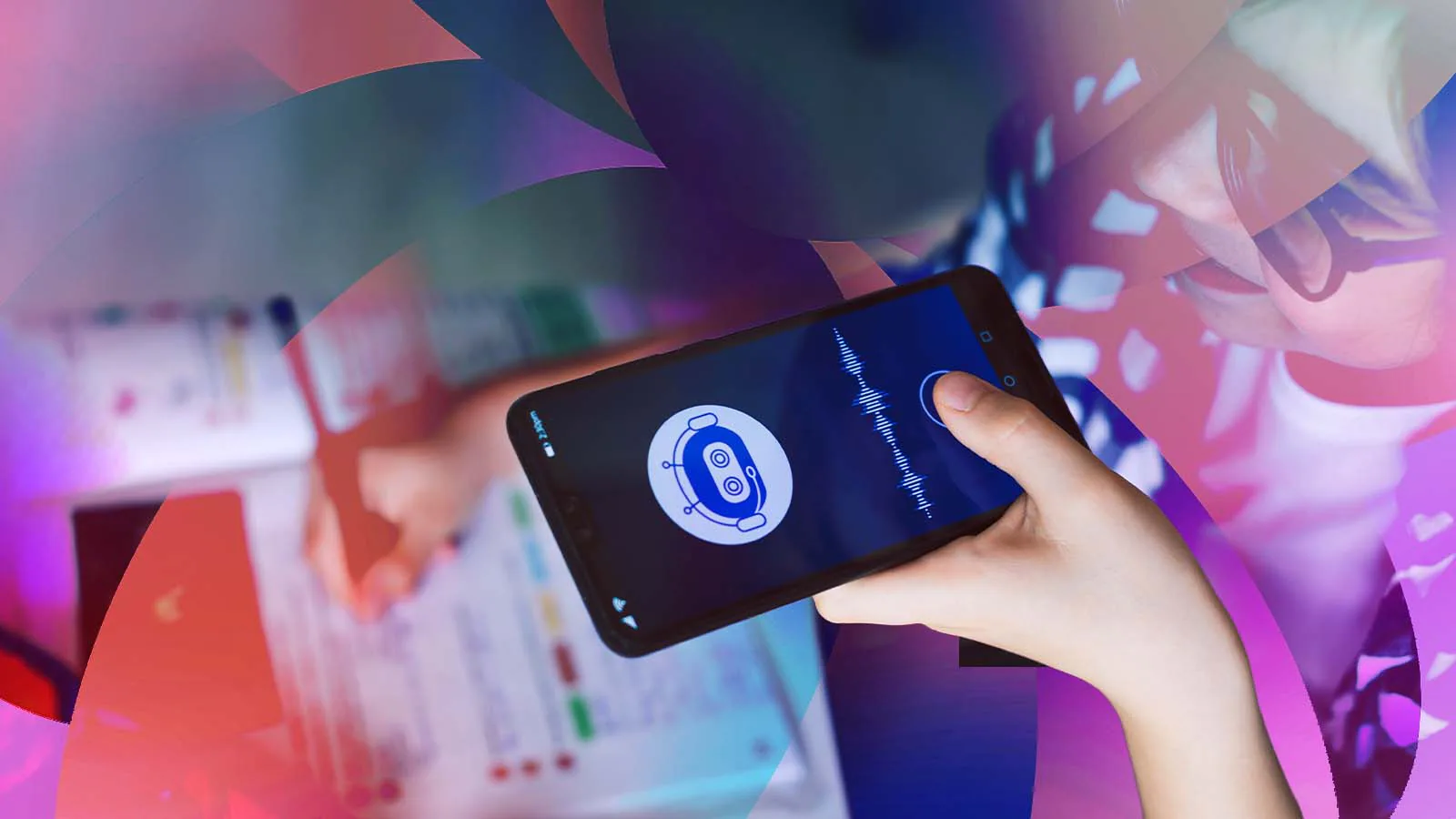 Criança segura um celular com a imagem de um chatbot de inteligência artificial na tela.
