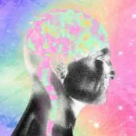 Ilustração de uma cabeça humana com o cérebro colorido sobre um fundo em tons de azul, verde e rosa.