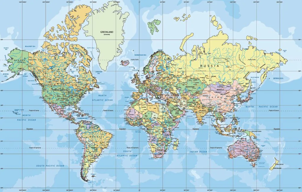 Mapa-múndi na projeção de Mercator mostra Groenlândia, Canadá e Rússia visualmente ampliados