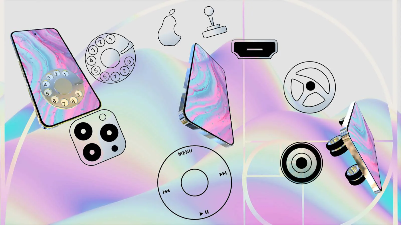Montagem mostra diferentes versões de um iPhone cercadas por telefone de disco, joystick, volante, câmeras e roda de clique do iPod.