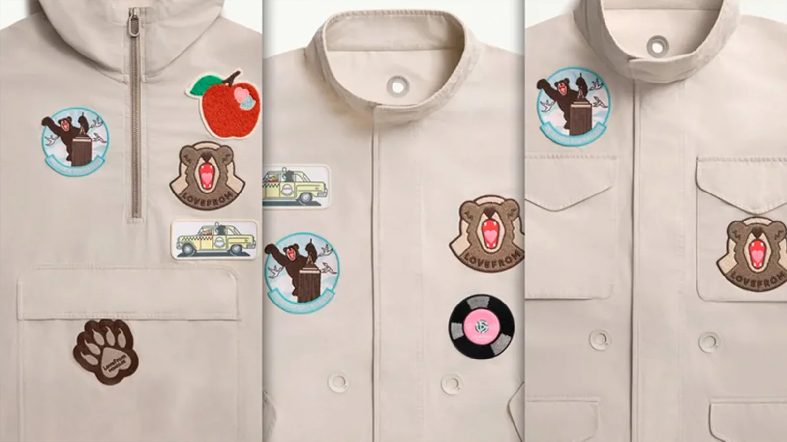Detalhes de casacos claros da coleção LoveFrom e Moncler, decorados com apliques de urso, táxi, maçã e disco.