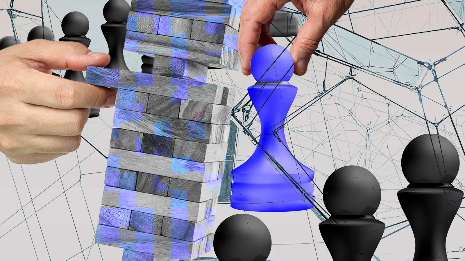Mãos movimentam peças de um jogo diante de uma torre instável, em ilustração sobre os riscos da automação com inteligência artificial.