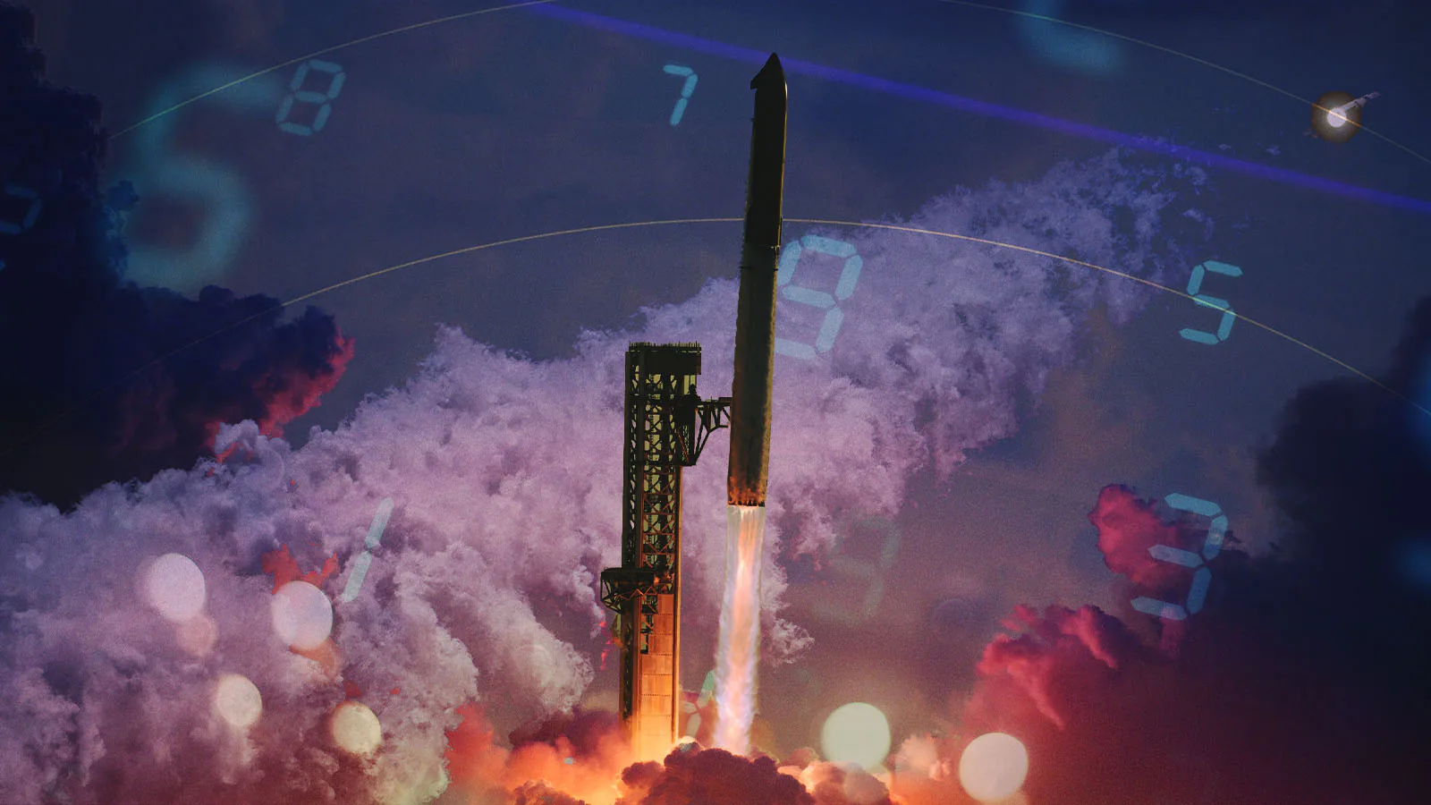 Montagem da Starship decolando, com fumaça, números digitais e linhas curvas sobre fundo azul e roxo.