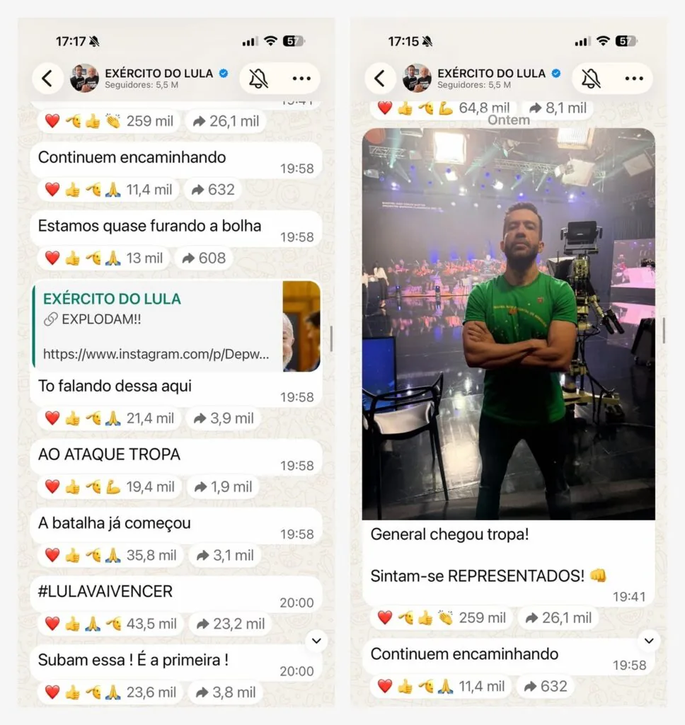 Capturas do canal Exército do Lula mostram mensagens com hashtags, pedidos de encaminhamento e fotografia de André Janones no estúdio da Band.