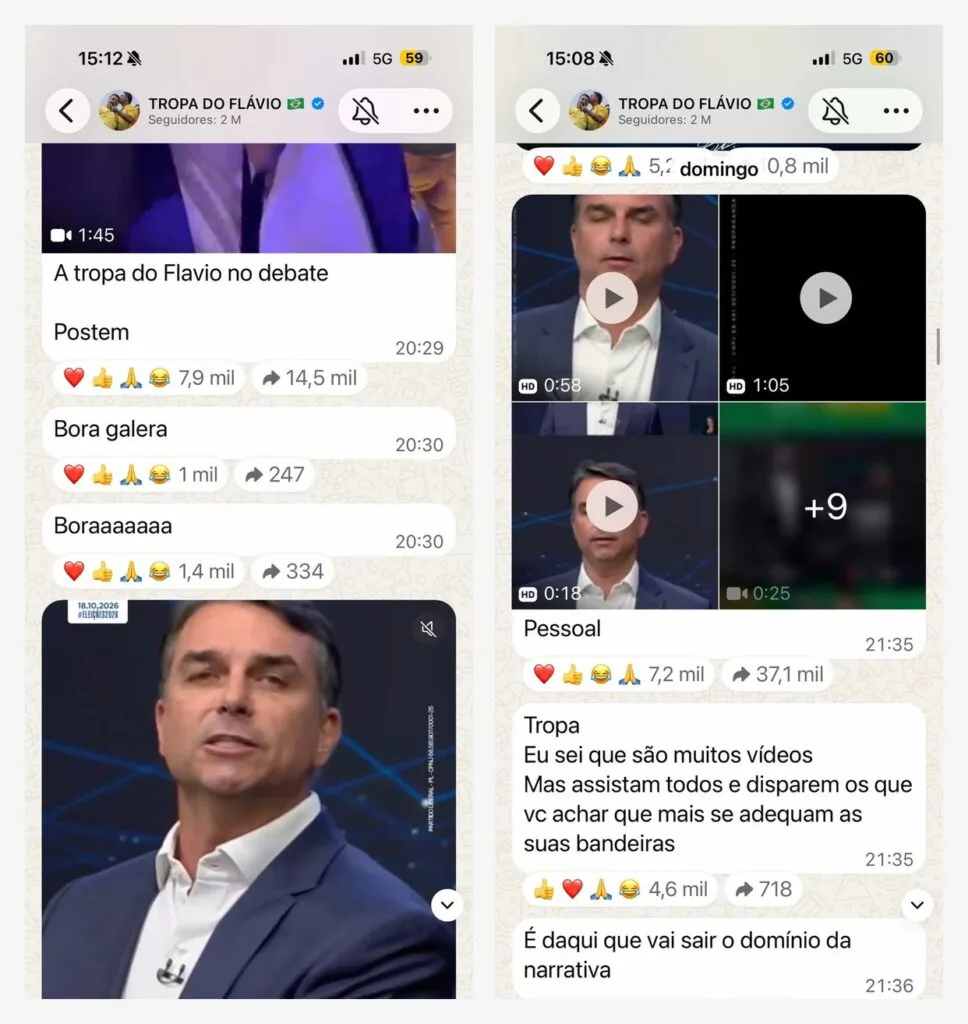 Capturas do canal Tropa do Flávio no WhatsApp mostram vídeos do debate e orientações para que seguidores compartilhassem os cortes.