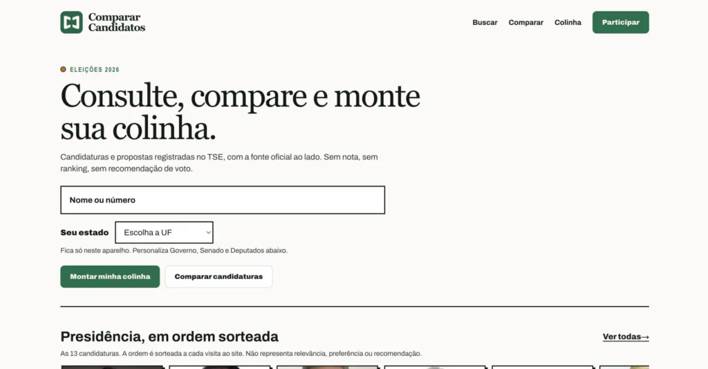 P&aacute;gina inicial do Comparar Candidatos mostra busca por nome ou n&uacute;mero, sele&ccedil;&atilde;o de estado e bot&otilde;es para comparar candidaturas e montar uma colinha.
