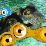 Colagem com rosto de uma escultura de olhos fechados cercado por grandes olhos ilustrados em tons de amarelo e azul sobre fundo verde.