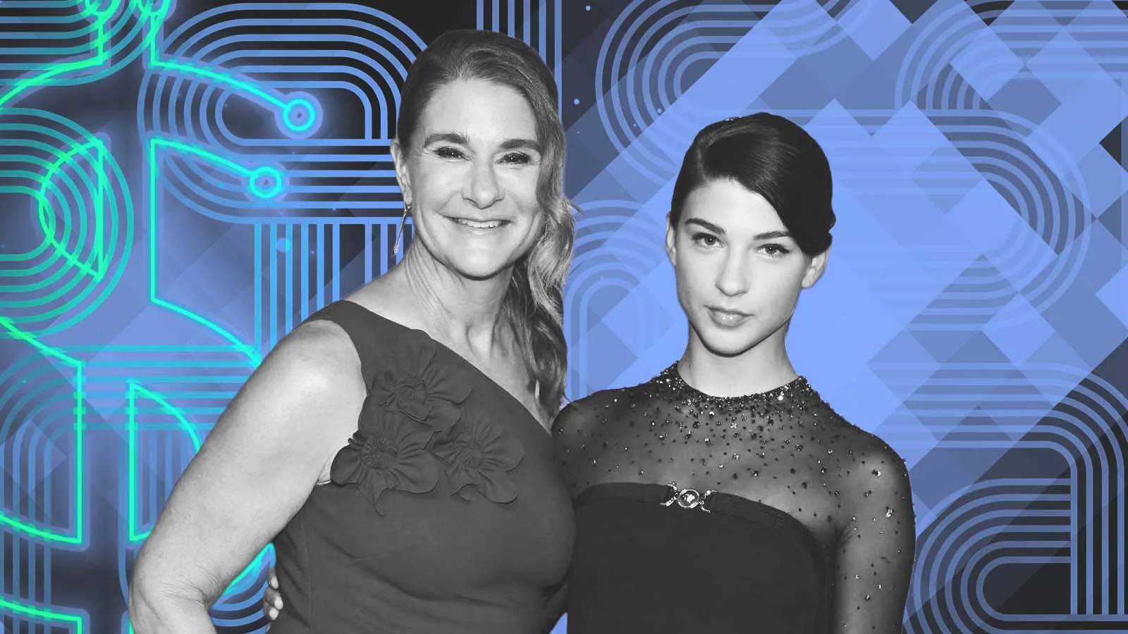 Melinda French Gates e Phoebe Gates posam lado a lado em montagem com fundo gráfico azul e verde.