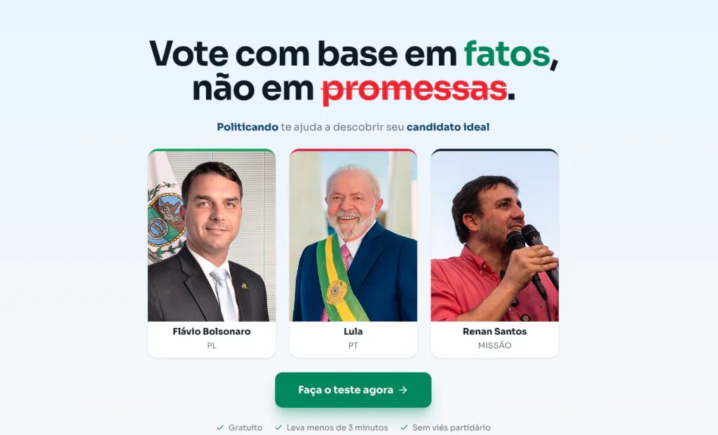 P&aacute;gina do Politicando exibe perfis de Fl&aacute;vio Bolsonaro, Lula e Renan Santos e um bot&atilde;o para fazer o teste de afinidade pol&iacute;tica.